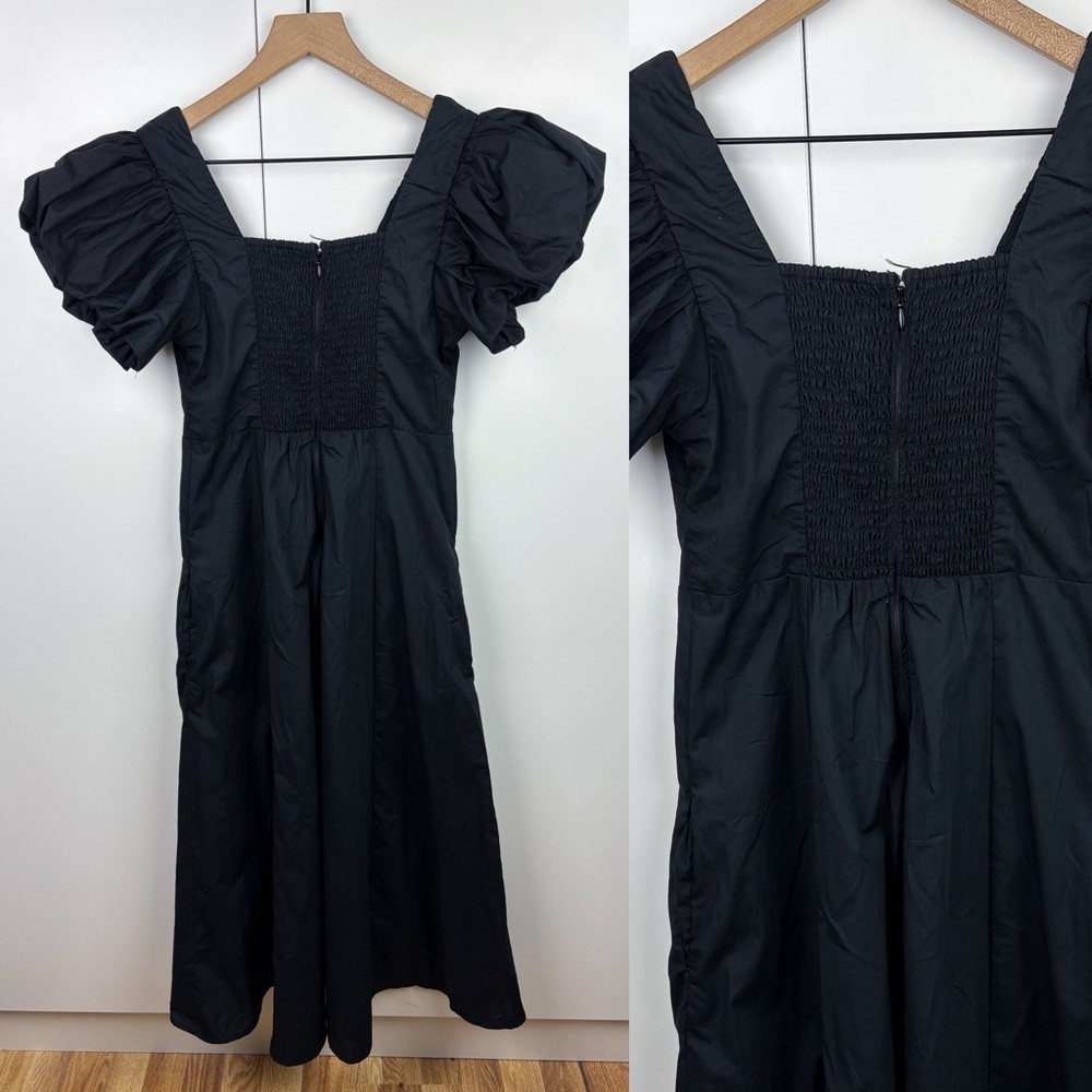 Abercrombie Puff Sleeve Plunge Midi Dress Black V Neck Cotton Blend Poplin Small - Picture 3 of 9